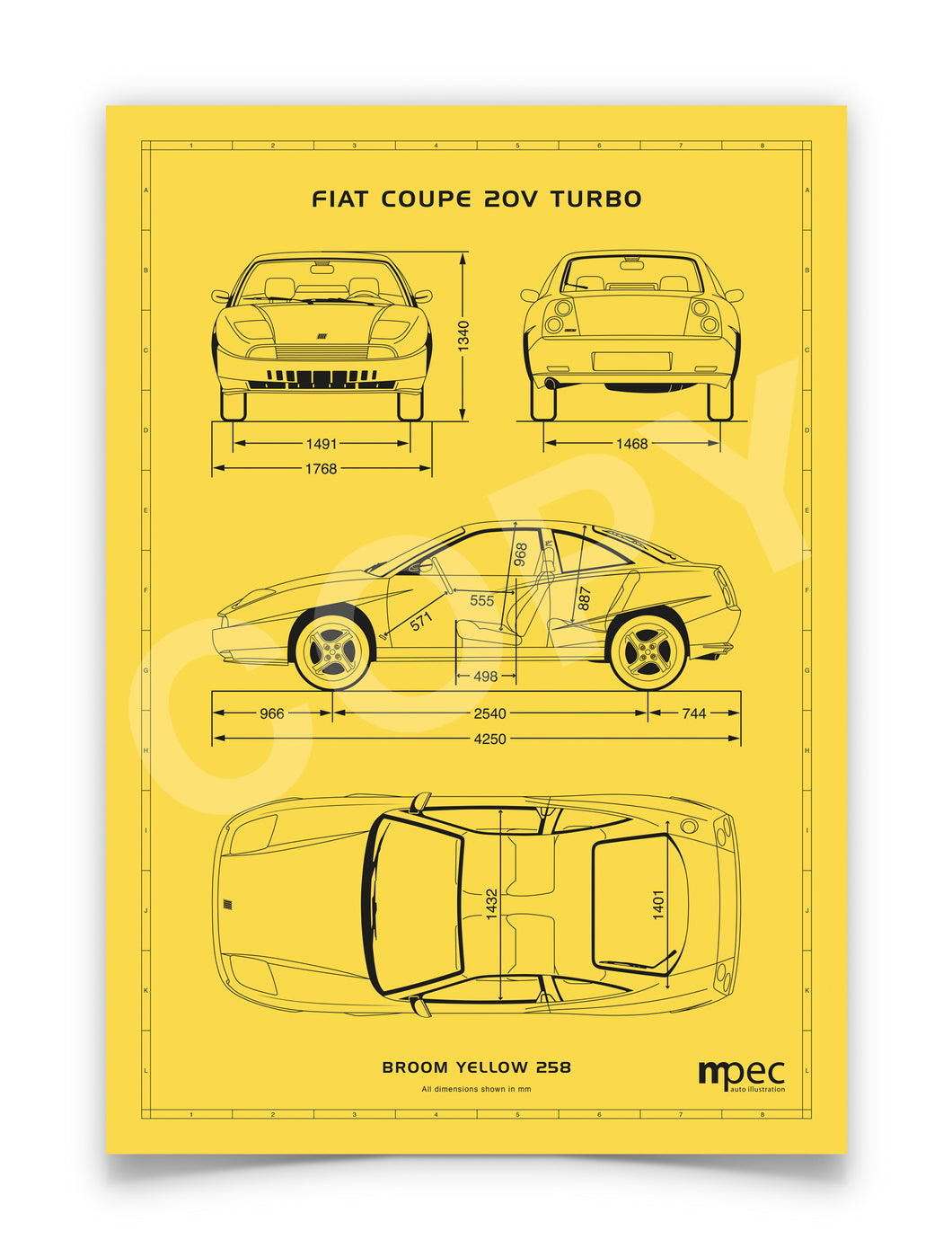 A3 Fiat Coupe Technical Illustration Poster - Choice of colours