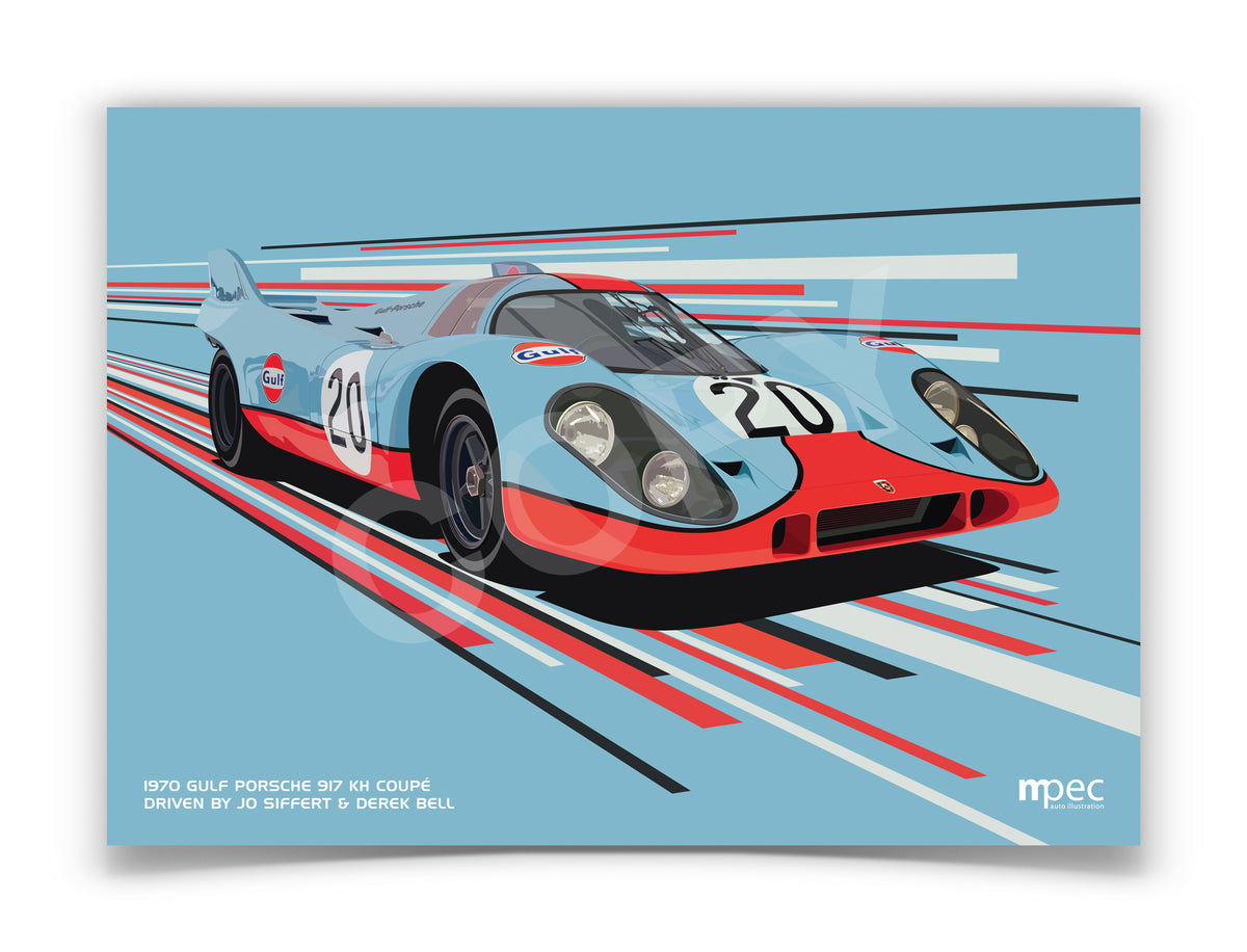 Landscape Illustration of 1970 Gulf Porsche 917 KH Coupé