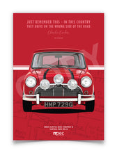 Load image into Gallery viewer, Illustration The Italian Job 1969 Austin Mini Cooper S - Red Quote and Map