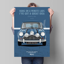 Load image into Gallery viewer, Illustration The Italian Job 1969 Austin Mini Cooper S - Blue Quote and Map