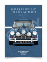 Load image into Gallery viewer, Illustration The Italian Job 1969 Austin Mini Cooper S - Blue Quote and Map