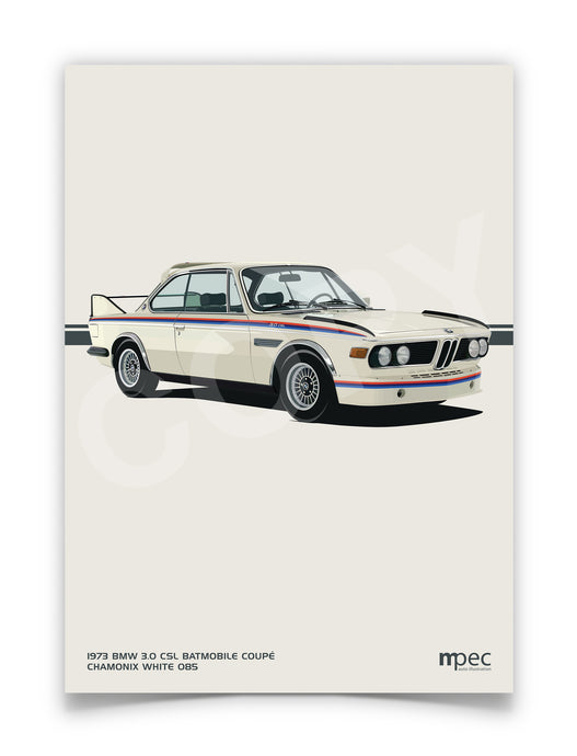 Poster of a 1975 BMW 3.0 CSL Batmobile Coupe in Chamonix White with M logo on a white background.