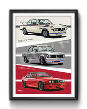 Load image into Gallery viewer, Framed poster of three BMW cars in different colors on a white background