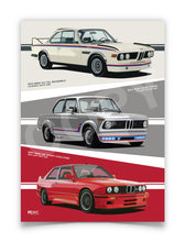 Load image into Gallery viewer, Three BMW cars from different eras on a white background