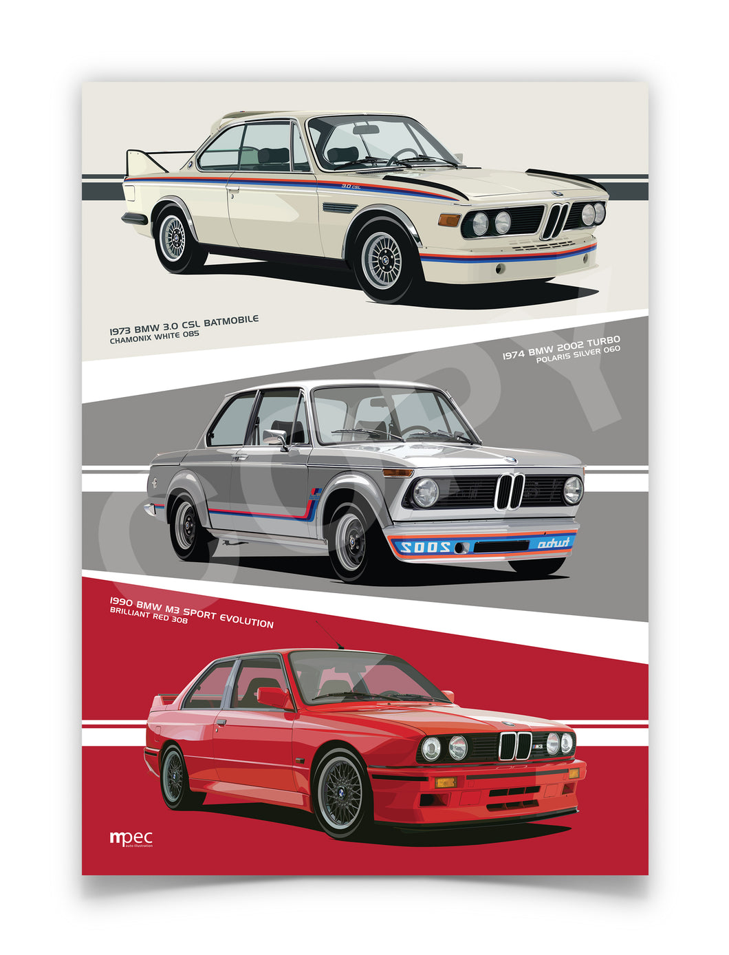 Three BMW cars from different eras on a white background