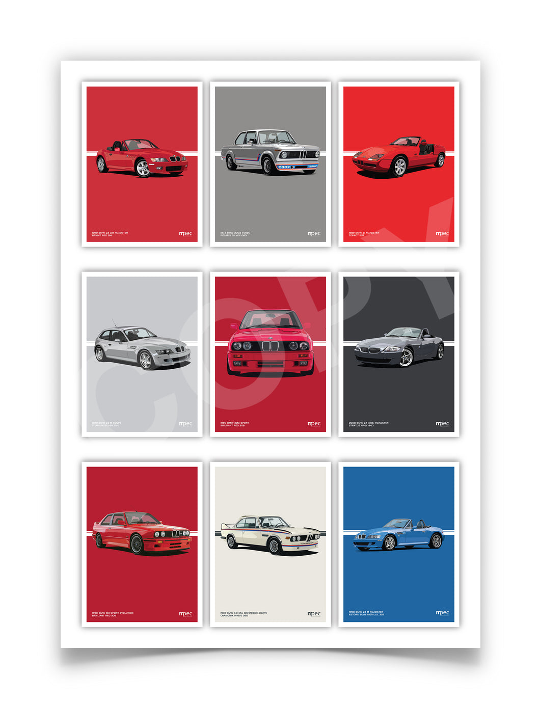 Classic BMW Car Poster – Illustration of 9 Iconic BMW Models