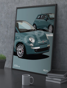 Illustration Fiat 500 Poster in various styles and sizes - Teal Blue