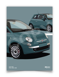 Illustration Fiat 500 Poster in various styles and sizes - Teal Blue