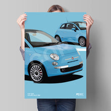Load image into Gallery viewer, Illustration Fiat 500 Poster in various styles and sizes - Volare Blue