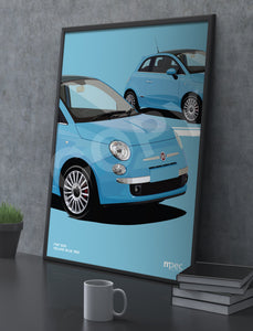 Illustration Fiat 500 Poster in various styles and sizes - Volare Blue