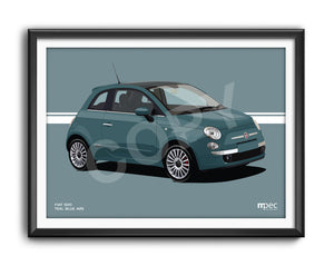 Illustration Fiat 500 Poster in various styles and sizes - Teal Blue
