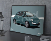 Load image into Gallery viewer, Illustration Fiat 500 Poster in various styles and sizes - Teal Blue