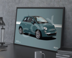 Illustration Fiat 500 Poster in various styles and sizes - Teal Blue