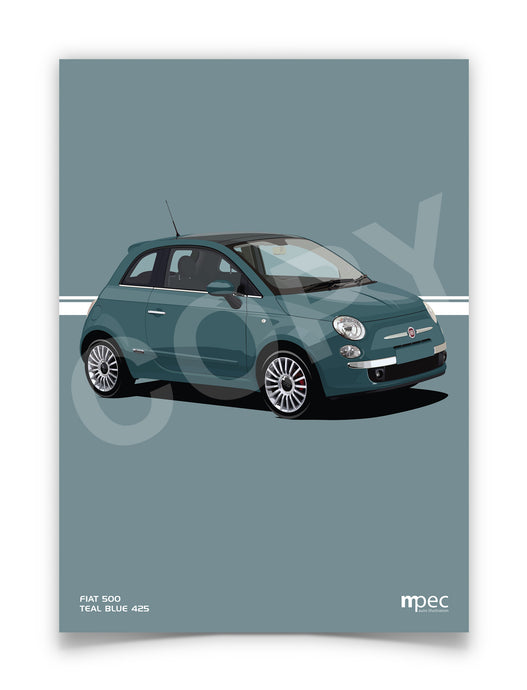 Illustration Fiat 500 Poster in various styles and sizes - Teal Blue