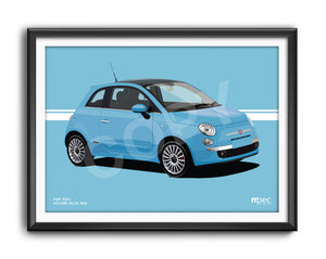 Illustration Fiat 500 Poster in various styles and sizes - Volare Blue