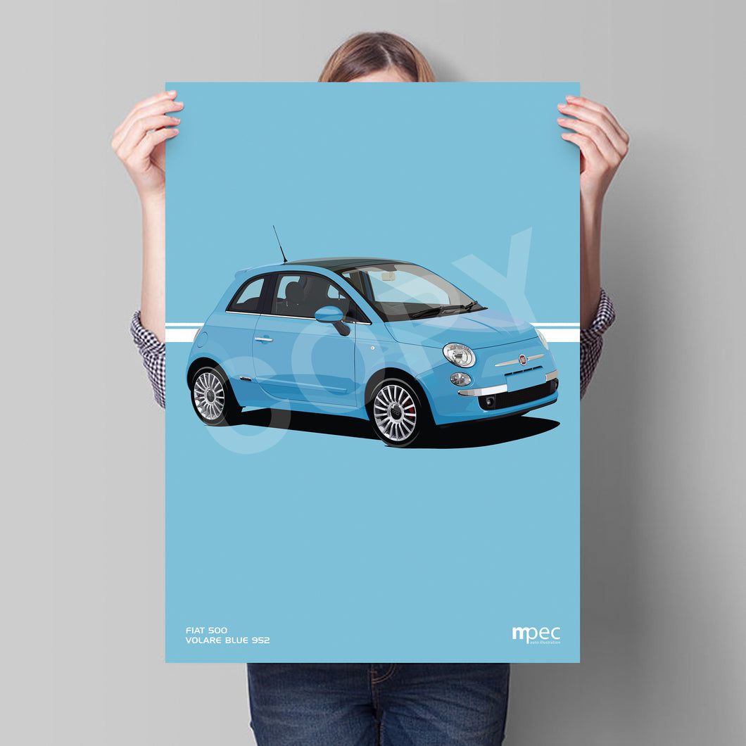 Illustration Fiat 500 Poster in various styles and sizes - Volare Blue