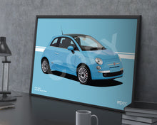 Load image into Gallery viewer, Illustration Fiat 500 Poster in various styles and sizes - Volare Blue