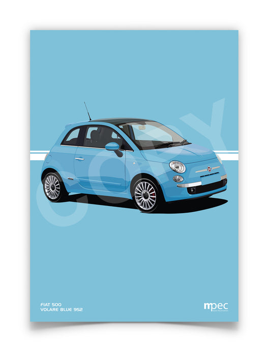 Illustration Fiat 500 Poster in various styles and sizes - Volare Blue