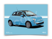 Load image into Gallery viewer, Illustration Fiat 500 Poster in various styles and sizes - Volare Blue
