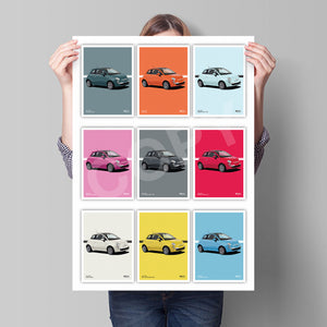 Illustration Fiat 500 Poster in various sizes - 9 colours in one