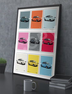 Illustration Fiat 500 Poster in various sizes - 9 colours in one