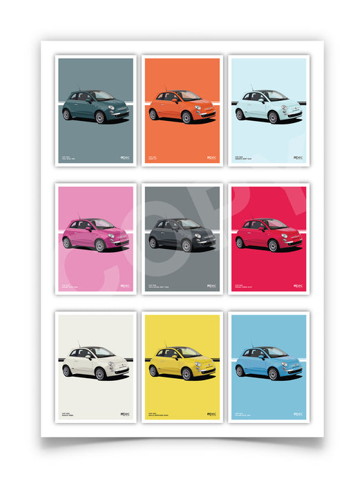 Illustration Fiat 500 Poster in various sizes - 9 colours in one