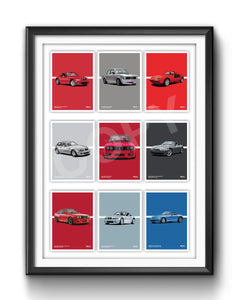 Illustration of nine Classic BMWs in one Poster