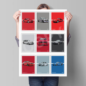 Illustration of nine Classic BMWs in one Poster