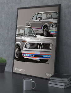 Illustration 1974 BMW 2002 Turbo Polaris Silver - Close-Up Portrait Poster