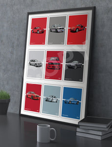 Illustration of nine Classic BMWs in one Poster