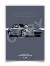 Load image into Gallery viewer, Illustration 2007 Honda S2000 Silverstone Metallic NH360M - Hood Up Text