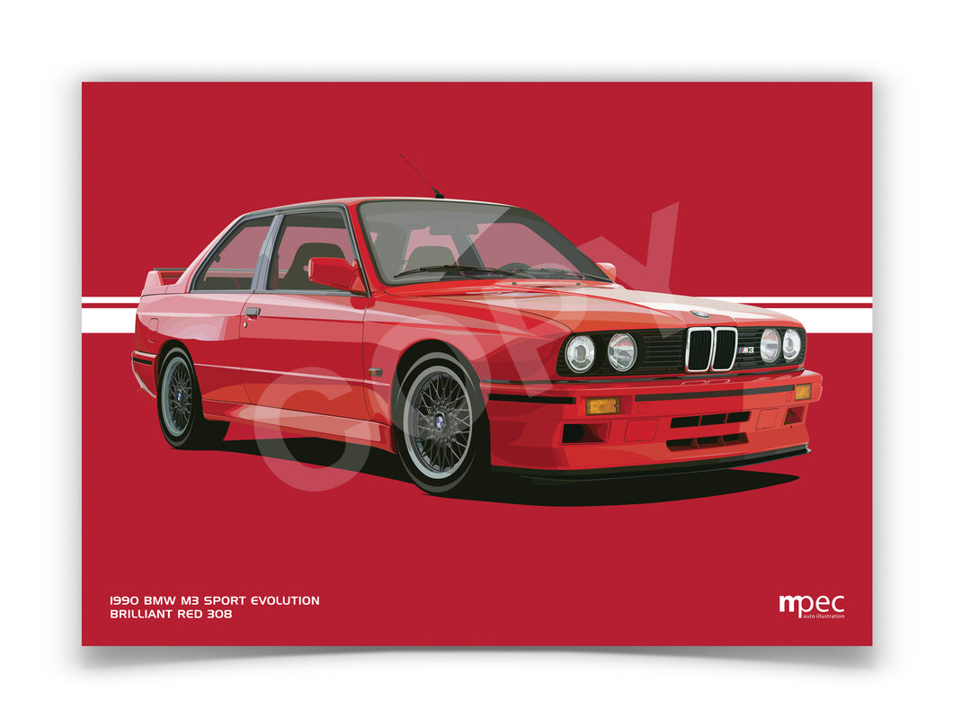 Landscape Illustration 1990 BMW E30 M3 Sport Evolution Brilliant Red 308