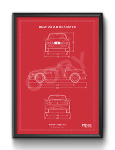 A3 BMW Z3 2.8 Technical Illustration Poster - choice of colours