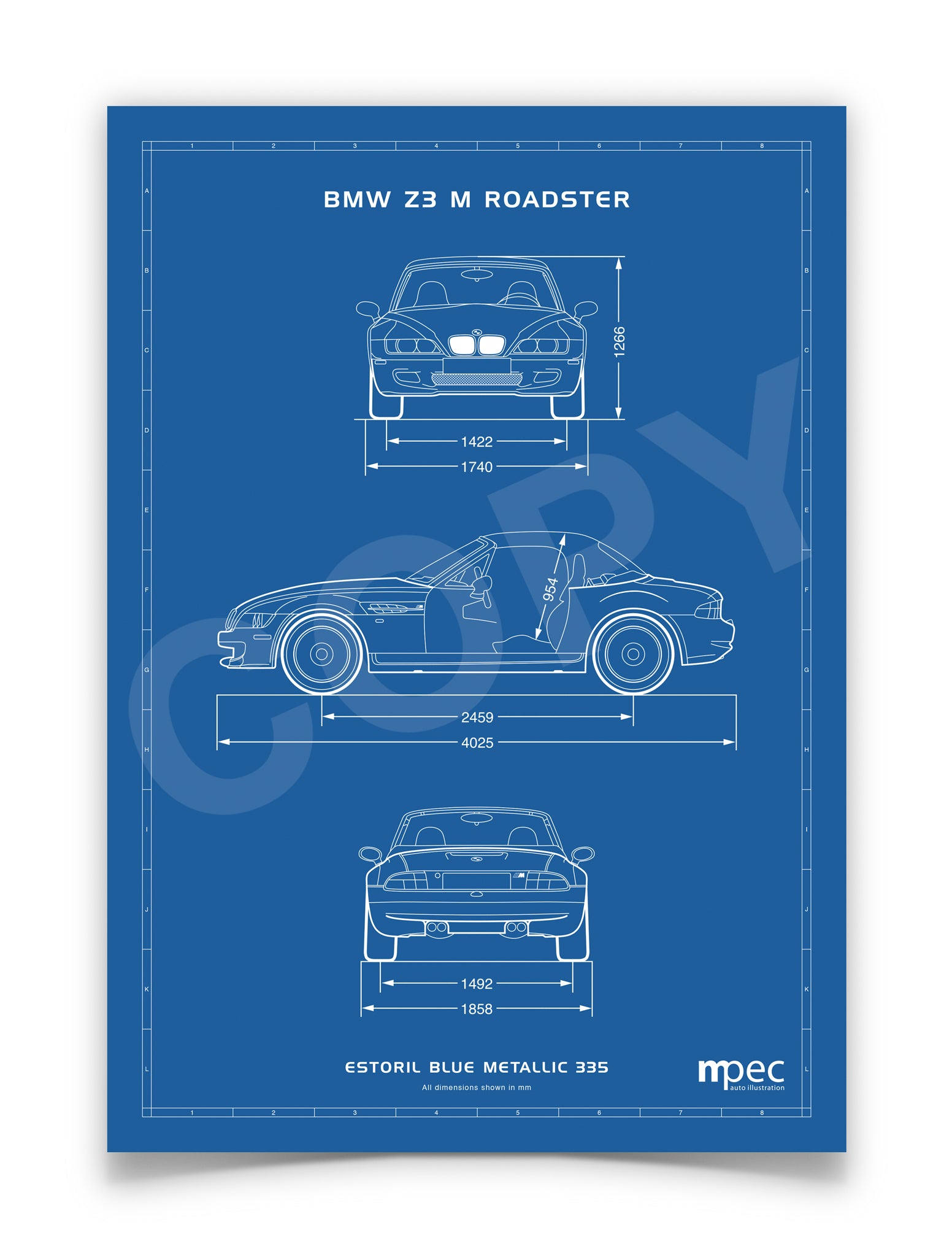 A3 BMW Z3 M Technical Illustration Poster - choice of colours