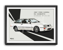 Load image into Gallery viewer, Landscape Illustration 1987 Ford Sierra RS Cosworth Diamond White B3 - Lines