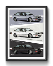 Load image into Gallery viewer, Combined Illustration 1987 Ford Sierra RS Cosworths, Blue, Black &amp; White