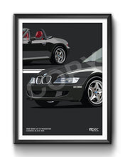 Load image into Gallery viewer, Illustration 1998 BMW Z3 M Roadster Cosmos Black 303 - red and black seats