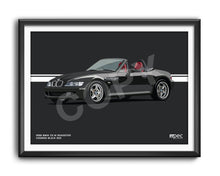 Load image into Gallery viewer, Landscape Illustration 1998 BMW Z3 M Roadster Cosmos Black 303 with red and black seats