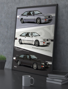 Combined Illustration 1987 Ford Sierra RS Cosworths, Blue, Black & White