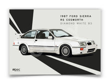 Load image into Gallery viewer, Landscape Illustration 1987 Ford Sierra RS Cosworth Diamond White B3 - Lines