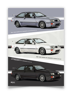 Combined Illustration 1987 Ford Sierra RS Cosworths, Blue, Black & White