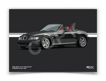 Load image into Gallery viewer, Landscape Illustration 1998 BMW Z3 M Roadster Cosmos Black 303 with red and black seats