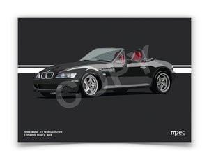 Landscape Illustration 1998 BMW Z3 M Roadster Cosmos Black 303 with red and black seats