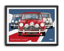 Load image into Gallery viewer, Landscape Illustration The Italian Job 1969 Austin Mini Cooper S - Red, White &amp; Blue